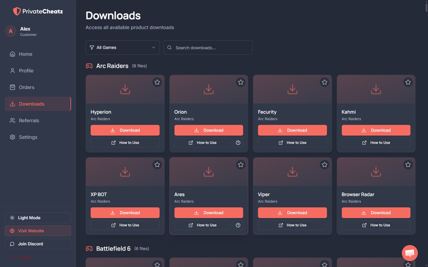 Downloads tab with loaders and setup guides