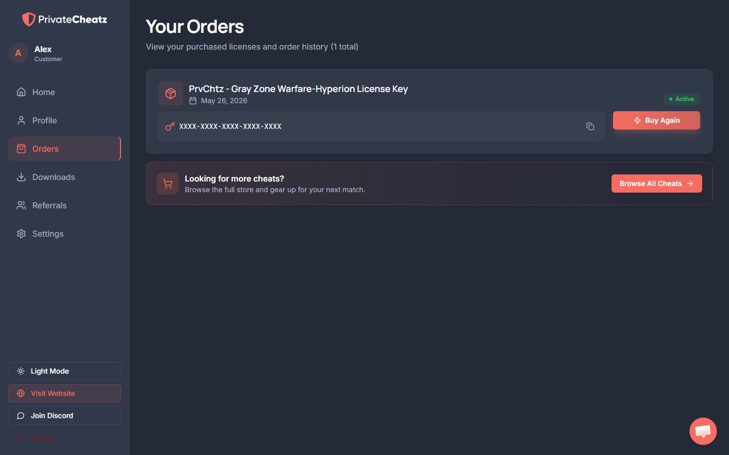 Your Orders tab showing your license key